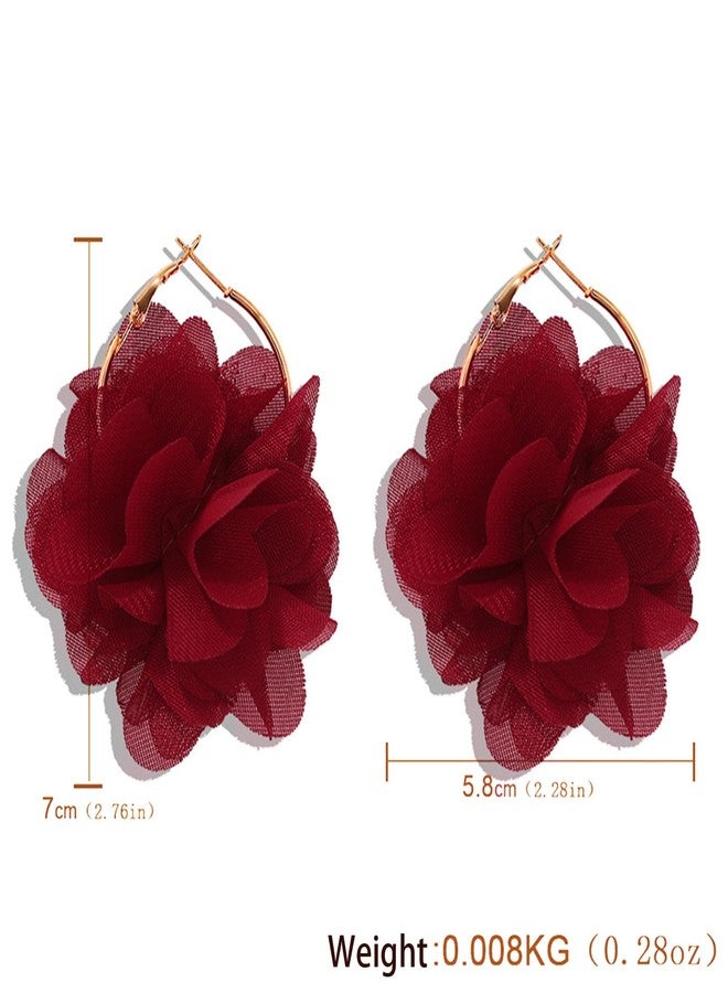 POYAMUSE Elegant Flower Petal Drop Earrings for Women - Chiffon Floral Hoop Earrings, Red/Pink/Burgundy Earrings - Flower Statement Earrings for Women - Burgundy - Image 3